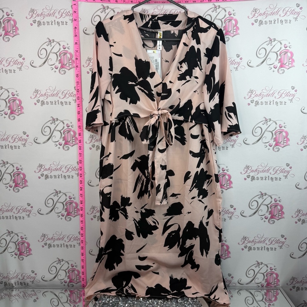 Campus sutra dress pink -Front Midi Dress in Blush with Black Floral Print